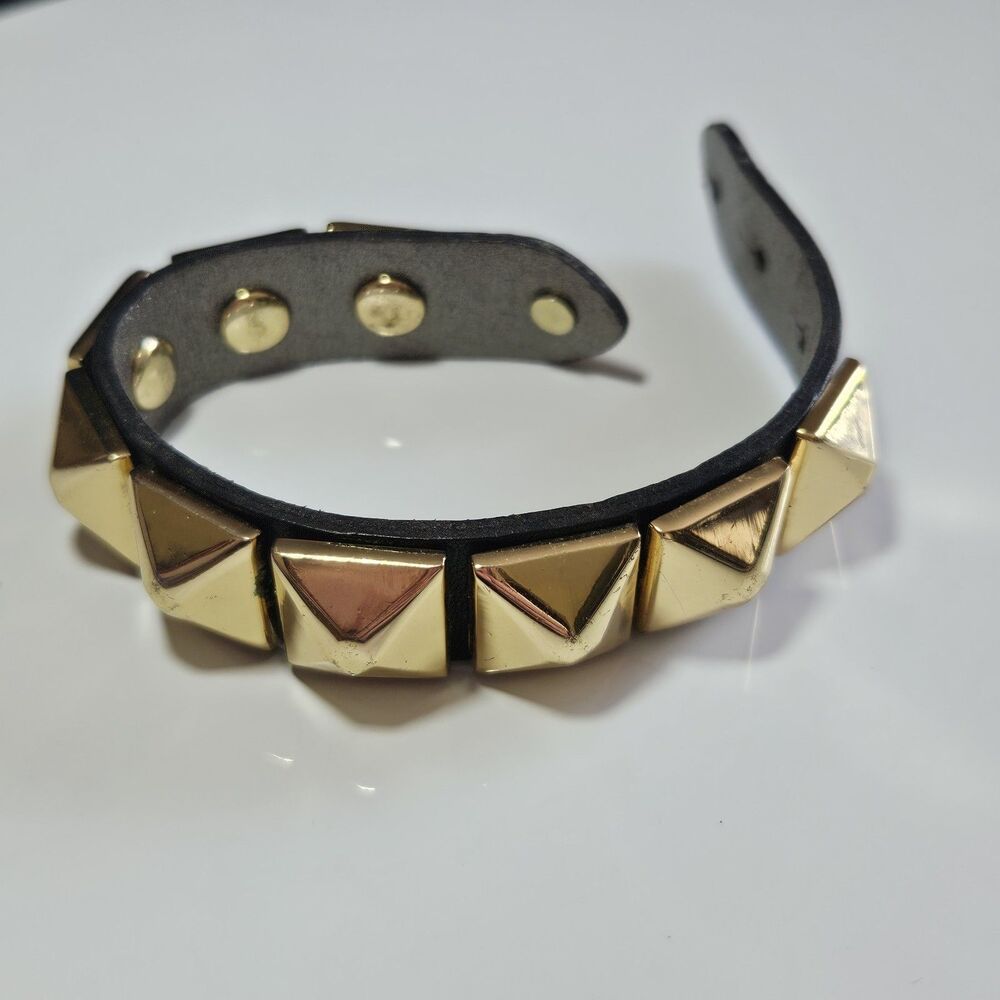 Brown Leather Chunky Gold Tone Spiked Bracelet Adjustable 6.5-8"